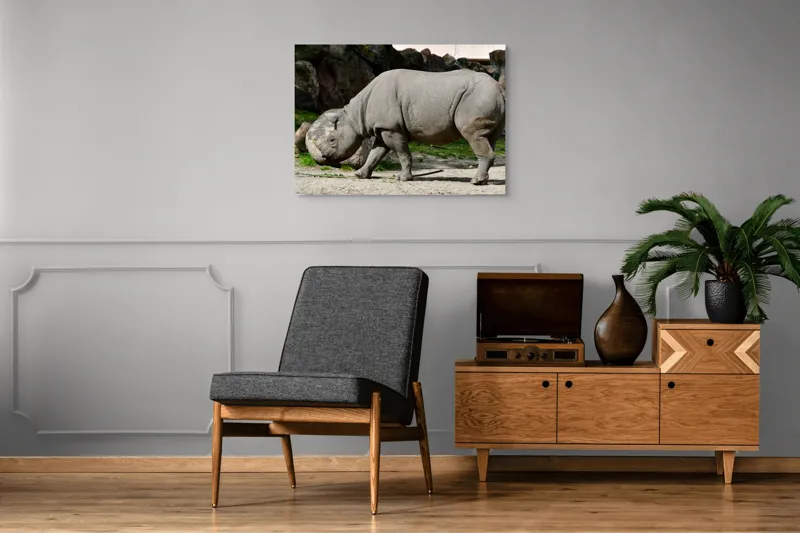 Tablou Canvas, "Rinocerul în habitatul său natural", Rhino, Piatra, Copaci, Umbre, Texturi, Nisip, Verdeață, Lumina, 100 x 70 cm – poza 8