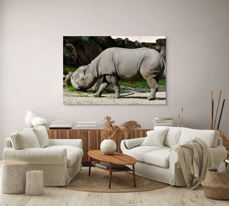 Tablou Canvas, "Rinocerul în habitatul său natural", Rhino, Piatra, Copaci, Umbre, Texturi, Nisip, Verdeață, Lumina, 150 x 100 cm – poza 3