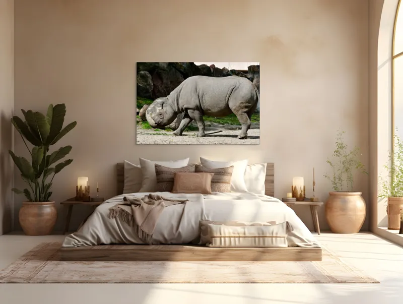 Tablou Canvas, "Rinocerul în habitatul său natural", Rhino, Piatra, Copaci, Umbre, Texturi, Nisip, Verdeață, Lumina, 150 x 100 cm – poza 4