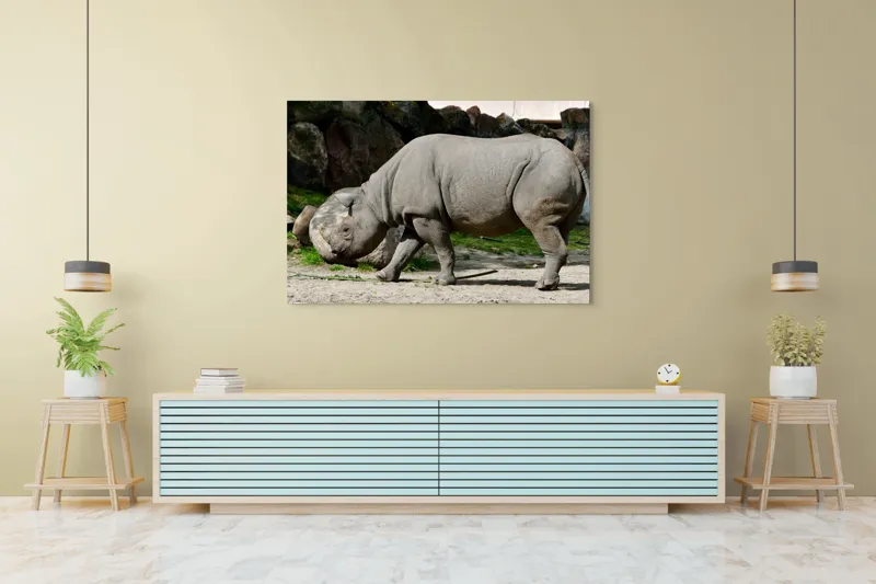Tablou Canvas, "Rinocerul în habitatul său natural", Rhino, Piatra, Copaci, Umbre, Texturi, Nisip, Verdeață, Lumina, 150 x 100 cm – poza 6