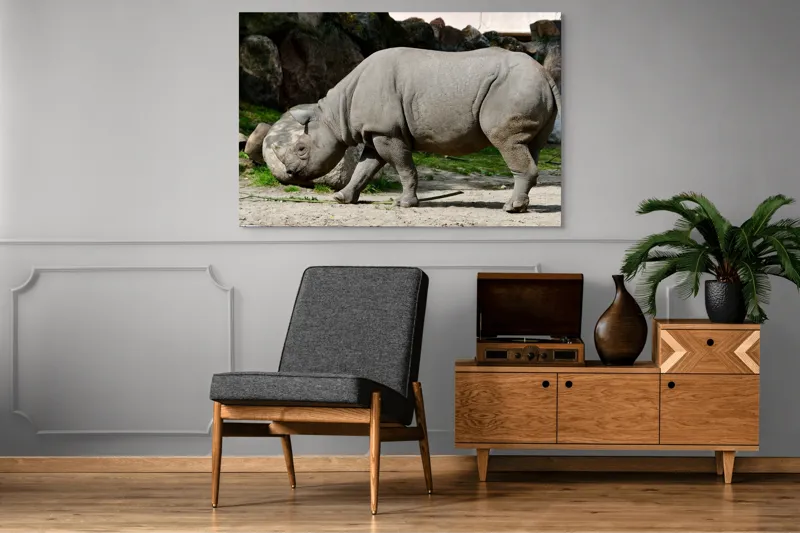 Tablou Canvas, "Rinocerul în habitatul său natural", Rhino, Piatra, Copaci, Umbre, Texturi, Nisip, Verdeață, Lumina, 150 x 100 cm – poza 8