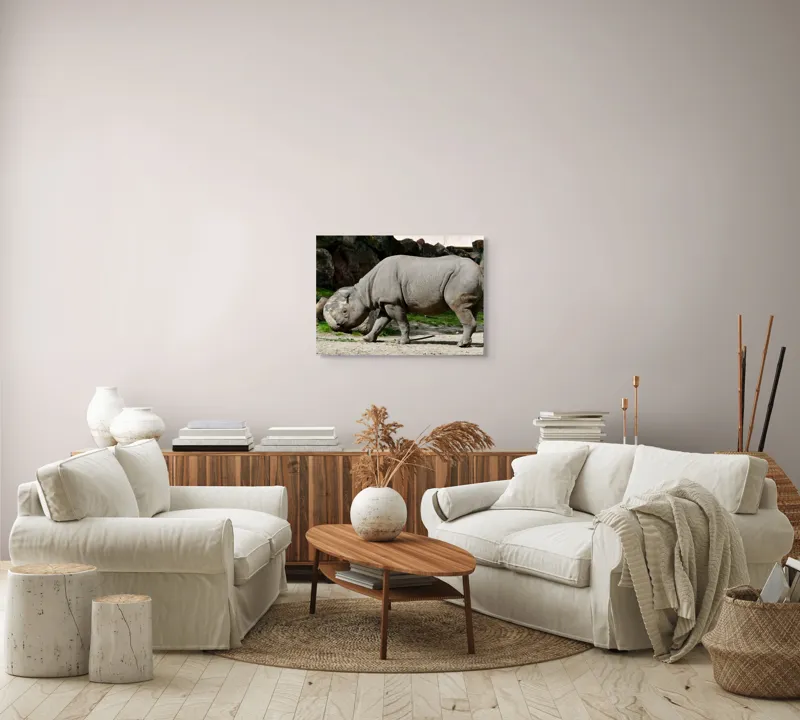 Tablou Canvas, "Rinocerul în habitatul său natural", Rhino, Piatra, Copaci, Umbre, Texturi, Nisip, Verdeață, Lumina, 70 x 50 cm – poza 6