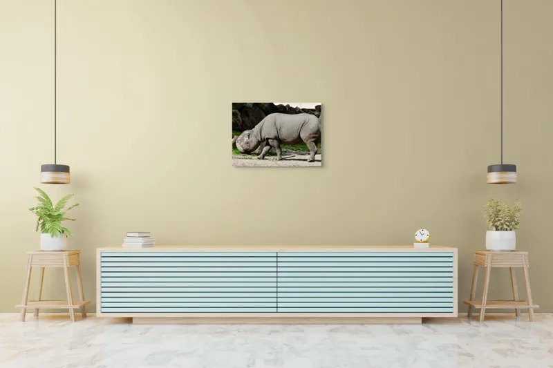 Tablou Canvas, "Rinocerul în habitatul său natural", Rhino, Piatra, Copaci, Umbre, Texturi, Nisip, Verdeață, Lumina, 70 x 50 cm – poza 7