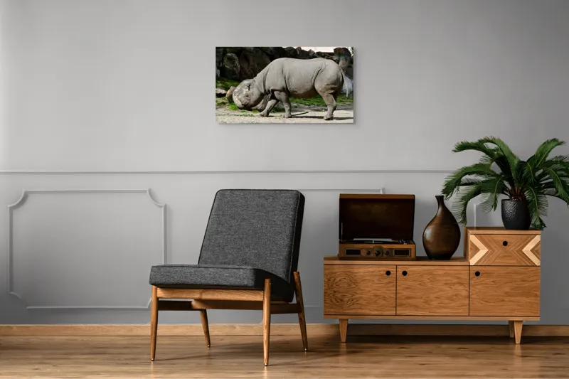 Tablou Canvas, "Rinocerul în habitatul său natural", Rhino, Piatra, Copaci, Umbre, Texturi, Nisip, Verdeață, Lumina, 90 x 50 cm – poza 6