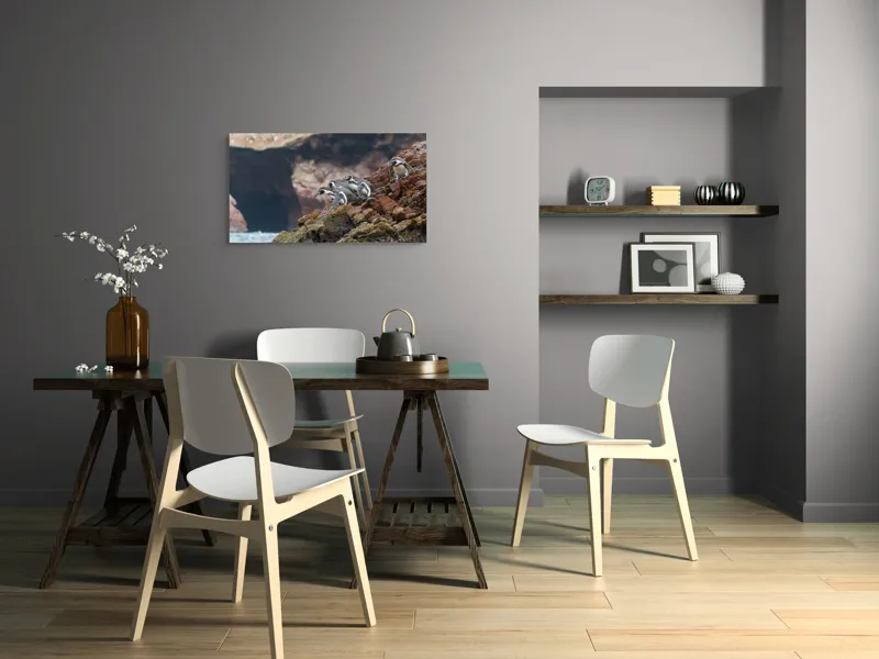 Tablou Canvas, "Pinguinii așteaptă valul potrivit", Pinguini, Stânci, Ocean, Grote, Natură, Apă, Rezervație, Habitat, Pene, Animale, 90 x 50 cm – poza 3
