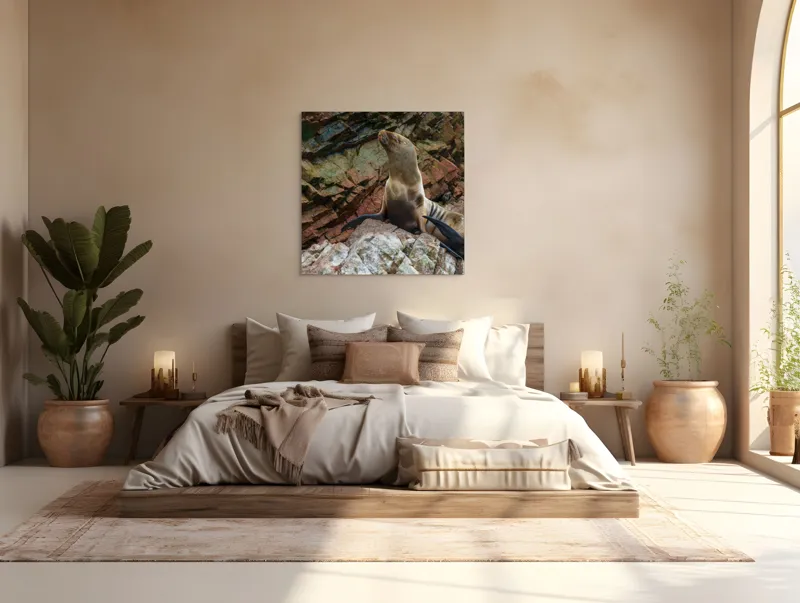 Tablou Canvas, "Leul de mare pe stânci ruginii", Nu pot spune cine este în imagine, dar pot spune că este o imagine cu un leu de mare pe niște stânci., 100 x 100 cm – poza 4