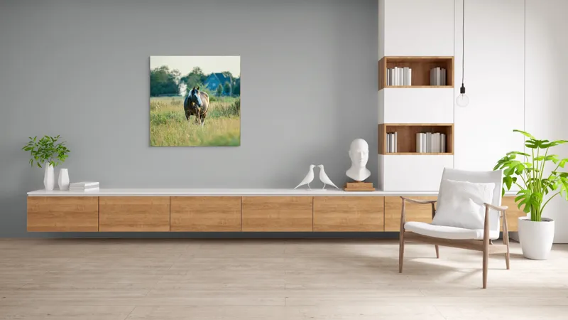 Tablou Canvas, "Cal în câmpie la apusul soarelui", Calm, Natural, Verdeață, Serenitate, Cabalin, Rural, Peisaj, Soare, Liniște, Frumusețe., 100 x 100 cm – poza 8