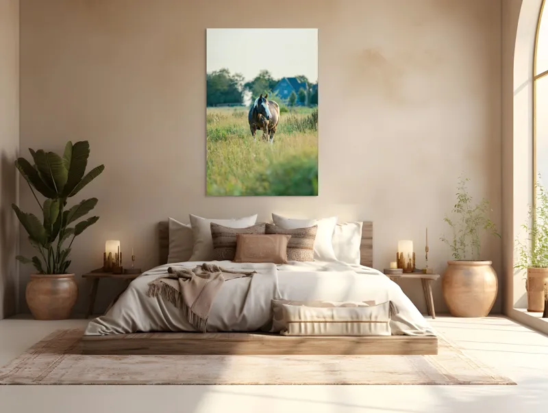 Tablou Canvas, "Cal în câmpie la apusul soarelui", Calm, Natural, Verdeață, Serenitate, Cabalin, Rural, Peisaj, Soare, Liniște, Frumusețe., 100 x 150 cm – poza 3