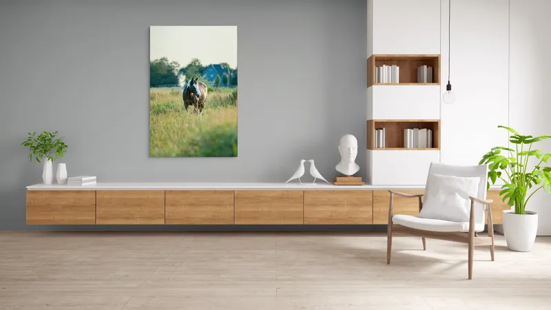Tablou Canvas, "Cal în câmpie la apusul soarelui", Calm, Natural, Verdeață, Serenitate, Cabalin, Rural, Peisaj, Soare, Liniște, Frumusețe., 100 x 150 cm – poza 8