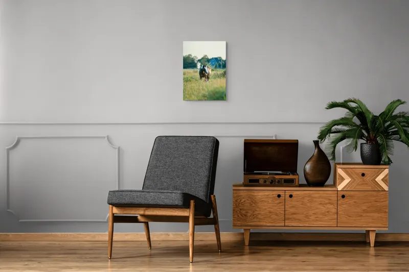 Tablou Canvas, "Cal în câmpie la apusul soarelui", Calm, Natural, Verdeață, Serenitate, Cabalin, Rural, Peisaj, Soare, Liniște, Frumusețe., 39 x 54 cm – poza 8