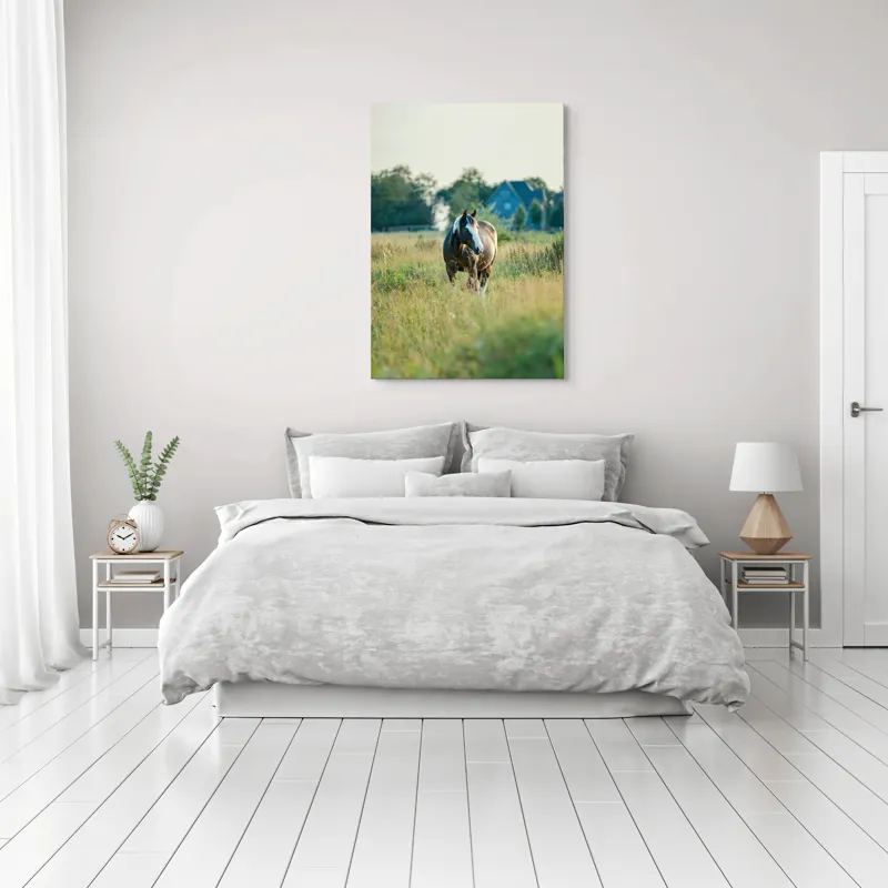 Tablou Canvas, "Cal în câmpie la apusul soarelui", Calm, Natural, Verdeață, Serenitate, Cabalin, Rural, Peisaj, Soare, Liniște, Frumusețe., 70 x 100 cm – poza 3