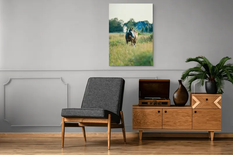 Tablou Canvas, "Cal în câmpie la apusul soarelui", Calm, Natural, Verdeață, Serenitate, Cabalin, Rural, Peisaj, Soare, Liniște, Frumusețe., 70 x 100 cm – poza 6