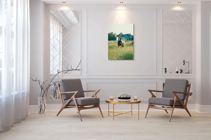 Tablou Canvas, "Cal în câmpie la apusul soarelui", Calm, Natural, Verdeață, Serenitate, Cabalin, Rural, Peisaj, Soare, Liniște, Frumusețe., 70 x 100 cm – poza 8