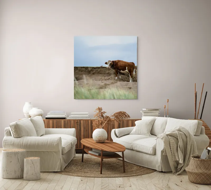 Tablou Canvas, "Vaca solitară pe dunele pustii", Vacă, Peisaj, Nisip, Cer, Iarbă, 100 x 100 cm – poza 3