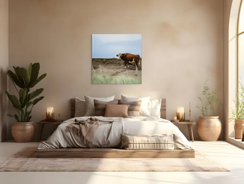 Tablou Canvas, "Vaca solitară pe dunele pustii", Vacă, Peisaj, Nisip, Cer, Iarbă, 100 x 100 cm – poza 4