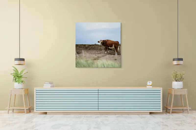 Tablou Canvas, "Vaca solitară pe dunele pustii", Vacă, Peisaj, Nisip, Cer, Iarbă, 100 x 100 cm – poza 5