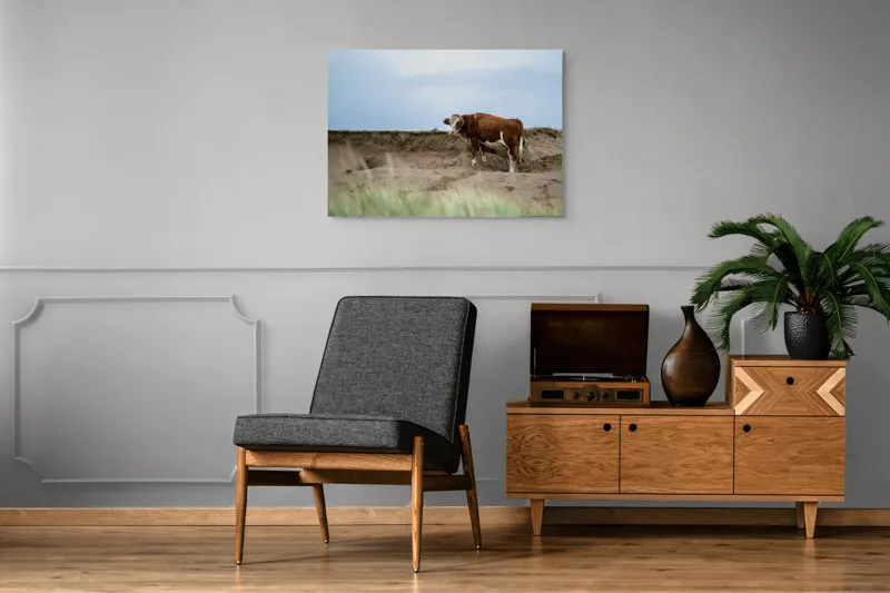 Tablou Canvas, "Vaca solitară pe dunele pustii", Vacă, Peisaj, Nisip, Cer, Iarbă, 100 x 70 cm – poza 8