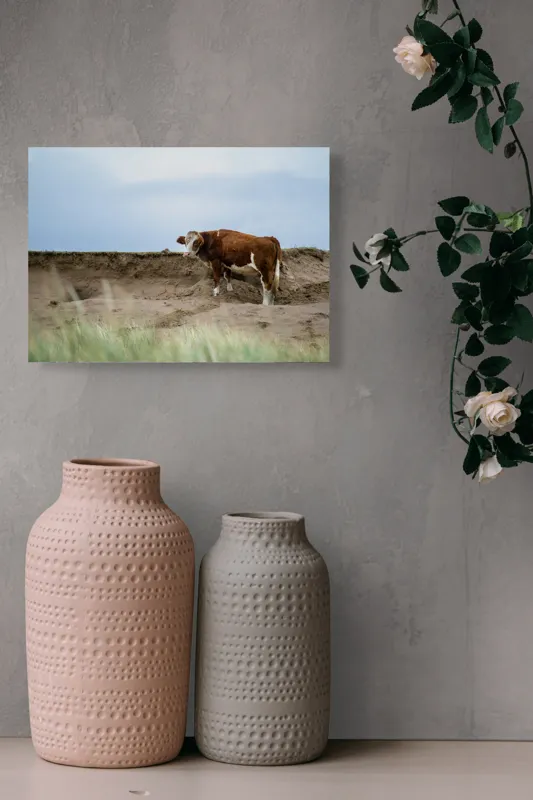 Tablou Canvas, "Vaca solitară pe dunele pustii", Vacă, Peisaj, Nisip, Cer, Iarbă, 54 x 39 cm – poza 8