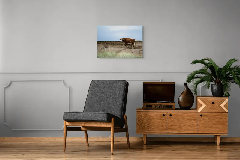 Tablou Canvas, "Vaca solitară pe dunele pustii", Vacă, Peisaj, Nisip, Cer, Iarbă, 70 x 50 cm – poza 4