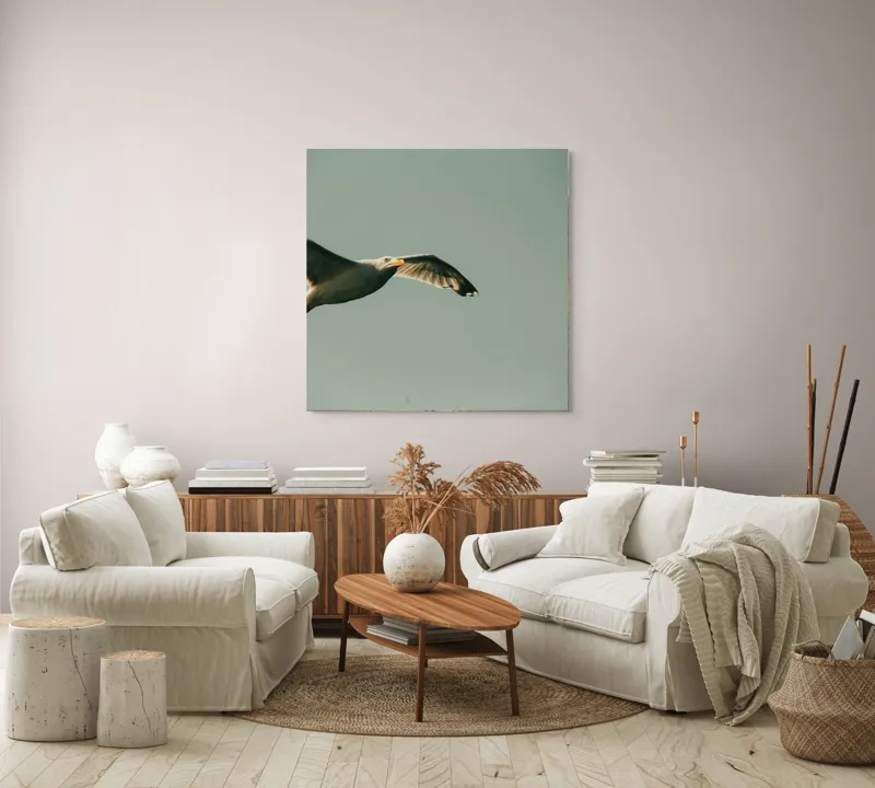 Tablou Canvas, "Zborul liber al pescărușului alb", Pescăruș, Cer, Zbor, Libertate, Liniște, Aripi, Seninătate, 100 x 100 cm – poza 3