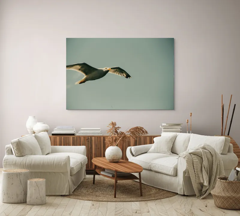 Tablou Canvas, "Zborul liber al pescărușului alb", Pescăruș, Cer, Zbor, Libertate, Liniște, Aripi, Seninătate, 150 x 100 cm – poza 3