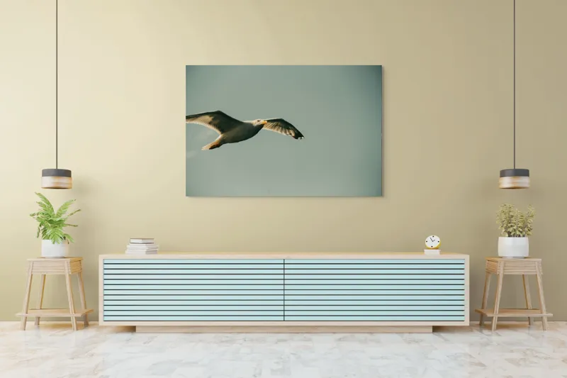 Tablou Canvas, "Zborul liber al pescărușului alb", Pescăruș, Cer, Zbor, Libertate, Liniște, Aripi, Seninătate, 150 x 100 cm – poza 6