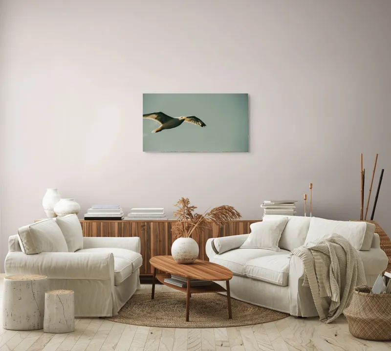 Tablou Canvas, "Zborul liber al pescărușului alb", Pescăruș, Cer, Zbor, Libertate, Liniște, Aripi, Seninătate, 90 x 50 cm – poza 4