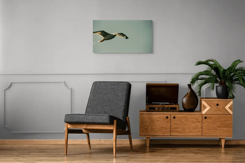 Tablou Canvas, "Zborul liber al pescărușului alb", Pescăruș, Cer, Zbor, Libertate, Liniște, Aripi, Seninătate, 90 x 50 cm – poza 6
