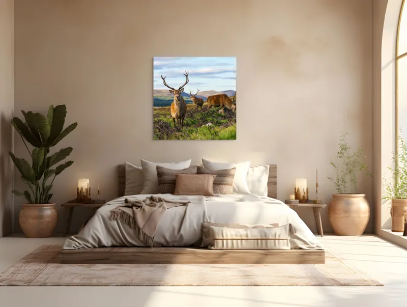 Tablou Canvas, "Cerbii pe câmpiile verzi ale munților", Cerbi, Pajiște, Munți, Cer Albastru, Natură, Libertate, Serenitate, Peisaj, Animale, Sălbăticie, 100 x 100 cm – poza 4