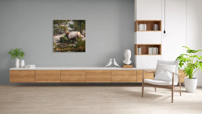 Tablou Canvas, "Elan printre pini montani", Cerb, Pădure, Corn, Verdeață, Natură, Peisaj, Sălbăticie, Aventură, Liniște, Frumusețe, Tranquilitate., 100 x 100 cm – poza 8