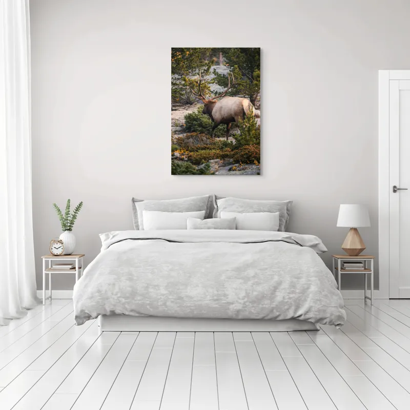 Tablou Canvas, "Elan printre pini montani", Cerb, Pădure, Corn, Verdeață, Natură, Peisaj, Sălbăticie, Aventură, Liniște, Frumusețe, Tranquilitate., 70 x 100 cm – poza 3