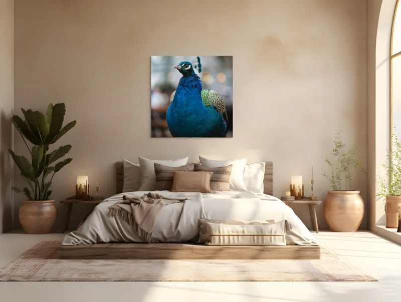 Tablou Canvas, "Păunul mândru în grădină regală", Bijuterie, Penaj, Regal, Albastru, Strălucire, Păun, Graţie, Natură., 100 x 100 cm – poza 4