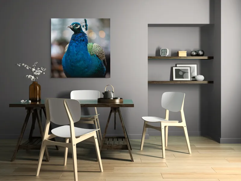 Tablou Canvas, "Păunul mândru în grădină regală", Bijuterie, Penaj, Regal, Albastru, Strălucire, Păun, Graţie, Natură., 100 x 100 cm – poza 6