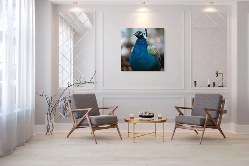 Tablou Canvas, "Păunul mândru în grădină regală", Bijuterie, Penaj, Regal, Albastru, Strălucire, Păun, Graţie, Natură., 100 x 100 cm – poza 7