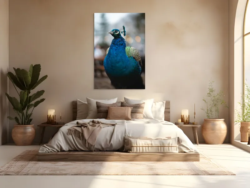 Tablou Canvas, "Păunul mândru în grădină regală", Bijuterie, Penaj, Regal, Albastru, Strălucire, Păun, Graţie, Natură., 100 x 150 cm – poza 3
