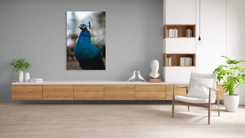 Tablou Canvas, "Păunul mândru în grădină regală", Bijuterie, Penaj, Regal, Albastru, Strălucire, Păun, Graţie, Natură., 100 x 150 cm – poza 8