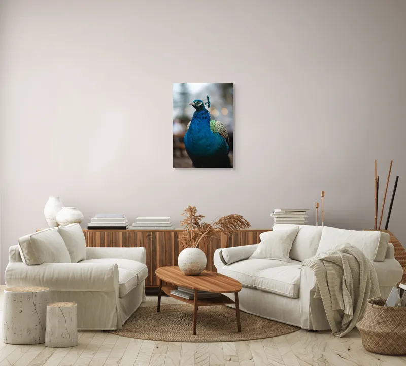 Tablou Canvas, "Păunul mândru în grădină regală", Bijuterie, Penaj, Regal, Albastru, Strălucire, Păun, Graţie, Natură., 50 x 70 cm – poza 4