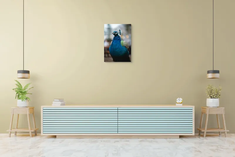 Tablou Canvas, "Păunul mândru în grădină regală", Bijuterie, Penaj, Regal, Albastru, Strălucire, Păun, Graţie, Natură., 50 x 70 cm – poza 6