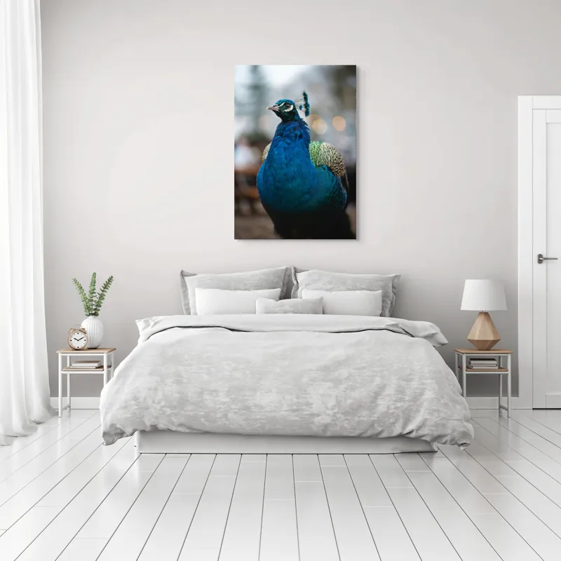 Tablou Canvas, "Păunul mândru în grădină regală", Bijuterie, Penaj, Regal, Albastru, Strălucire, Păun, Graţie, Natură., 70 x 100 cm – poza 3
