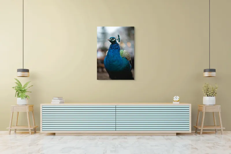 Tablou Canvas, "Păunul mândru în grădină regală", Bijuterie, Penaj, Regal, Albastru, Strălucire, Păun, Graţie, Natură., 70 x 100 cm – poza 5