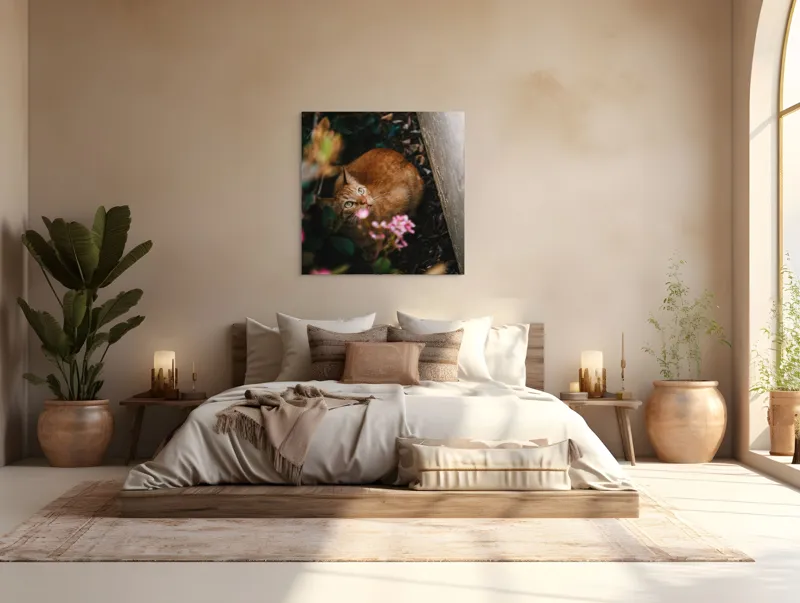Tablou Canvas, "Pisica ascunsă printre flori roz", Pisică, Portocalie, Privire, Flori, Frunziș, Zid, Ușoară, Culoare, Ascunziș, Curiozitate, 100 x 100 cm – poza 4