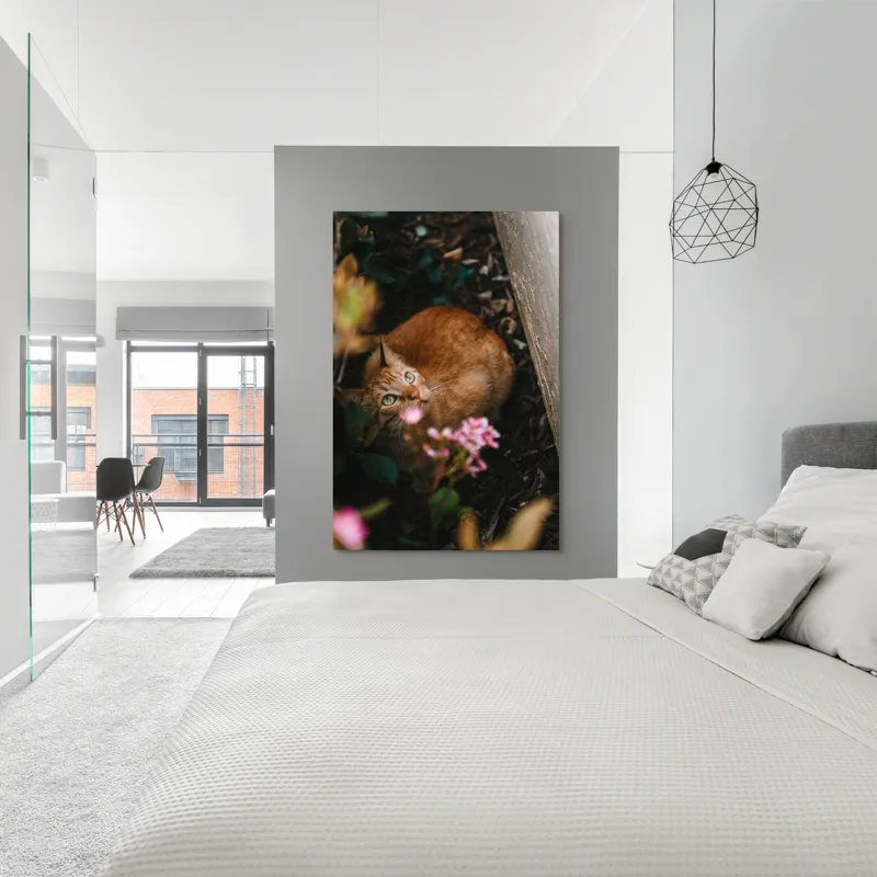 Tablou Canvas, "Pisica ascunsă printre flori roz", Pisică, Portocalie, Privire, Flori, Frunziș, Zid, Ușoară, Culoare, Ascunziș, Curiozitate, 100 x 150 cm – poza 5