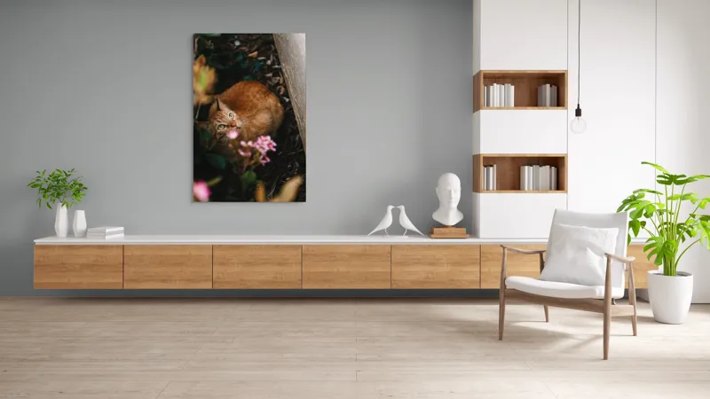 Tablou Canvas, "Pisica ascunsă printre flori roz", Pisică, Portocalie, Privire, Flori, Frunziș, Zid, Ușoară, Culoare, Ascunziș, Curiozitate, 100 x 150 cm – poza 8