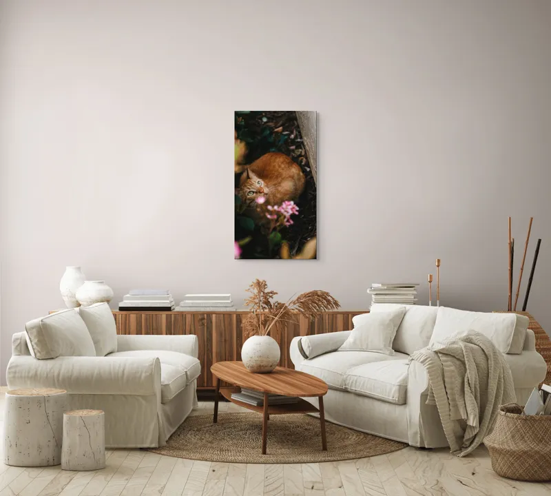 Tablou Canvas, "Pisica ascunsă printre flori roz", Pisică, Portocalie, Privire, Flori, Frunziș, Zid, Ușoară, Culoare, Ascunziș, Curiozitate, 50 x 90 cm – poza 7