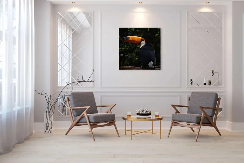 Tablou Canvas, "Tucanul sub umbrele pădurii tropicale", Colorat, Exotism, Contrast, Natură, Vibrant, Spectaculos, Eleganță, Fascinant, Misterios, 100 x 100 cm – poza 7