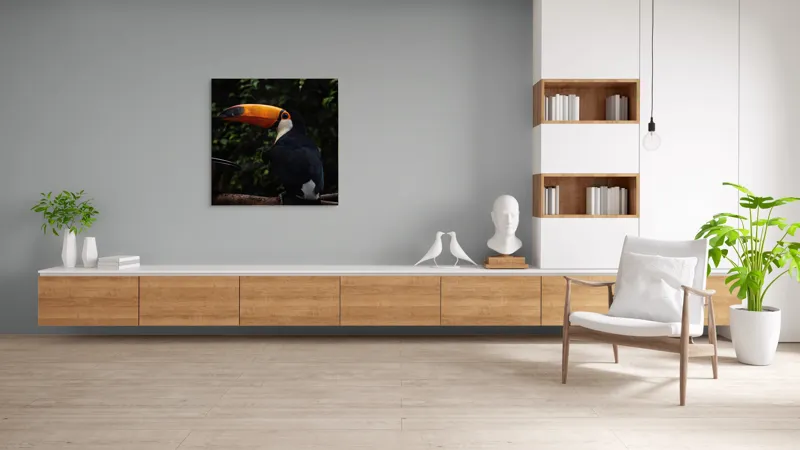 Tablou Canvas, "Tucanul sub umbrele pădurii tropicale", Colorat, Exotism, Contrast, Natură, Vibrant, Spectaculos, Eleganță, Fascinant, Misterios, 100 x 100 cm – poza 8