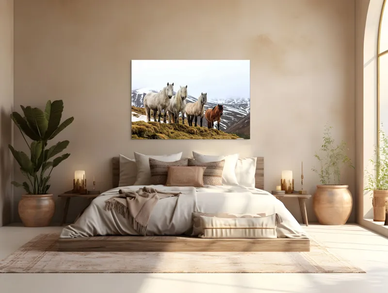 Tablou Canvas, "Cai sălbatici în munții înzăpeziți", Nu știu cine sunt. Cai, Munți, Zăpadă, Nor, Culoare, Natură, Peisaj, Libertate, Pășune, Liniște, 150 x 100 cm – poza 4