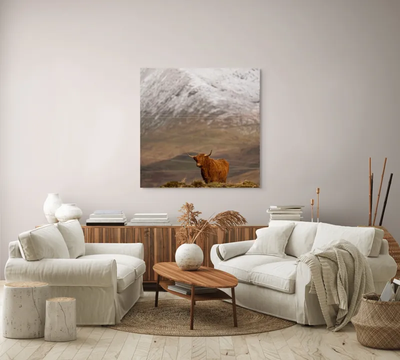 Tablou Canvas, "Văile munților și boul singuratic", Iubire, Libertate, Sălbăticie, Solitudine, Măreție, Natură, Pășune, Răceală, Liniște, Reflecție, 100 x 100 cm – poza 3