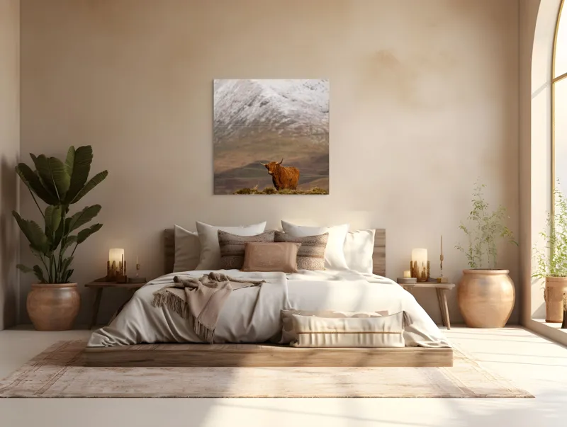 Tablou Canvas, "Văile munților și boul singuratic", Iubire, Libertate, Sălbăticie, Solitudine, Măreție, Natură, Pășune, Răceală, Liniște, Reflecție, 100 x 100 cm – poza 4
