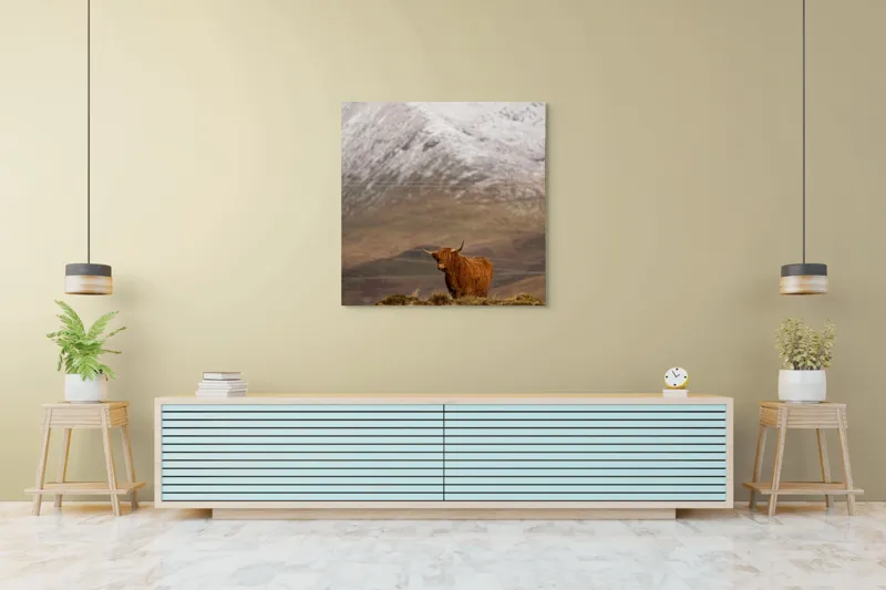 Tablou Canvas, "Văile munților și boul singuratic", Iubire, Libertate, Sălbăticie, Solitudine, Măreție, Natură, Pășune, Răceală, Liniște, Reflecție, 100 x 100 cm – poza 5